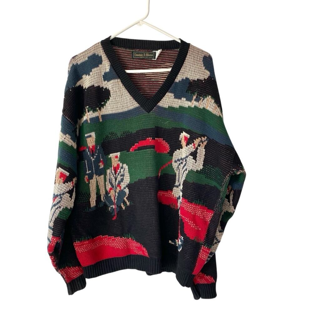 Vintage Mens Dominic & Maria Golf Theme V-Neck Cotton Sweater size large Green - Picture 1 of 6